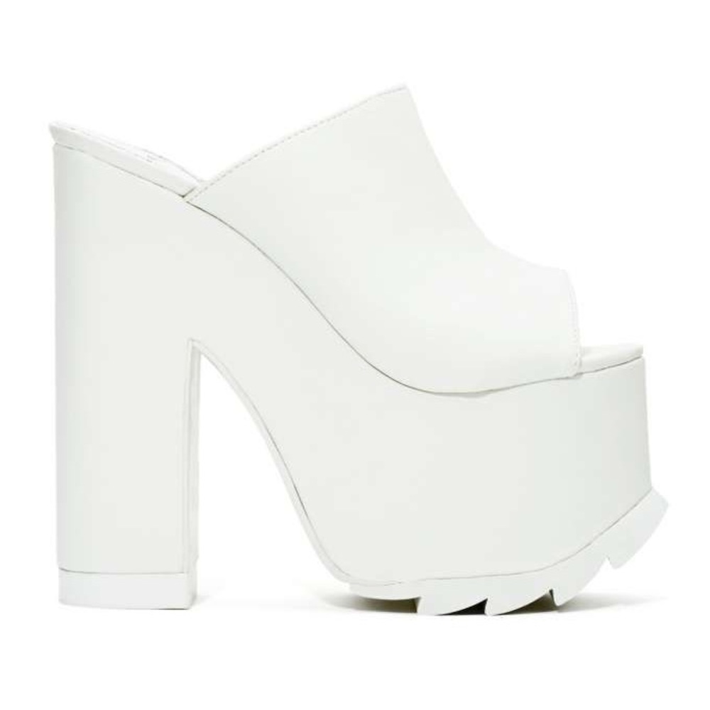 YRU White Platform Leather Slide Heels